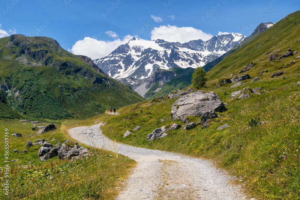 Hikking the GR5 at Pralognan-la-Vanoise, Savoie in France. This trail is famous for its route through the French Alps from Lake Geneva to Nice called Grande Traversée des Alpes