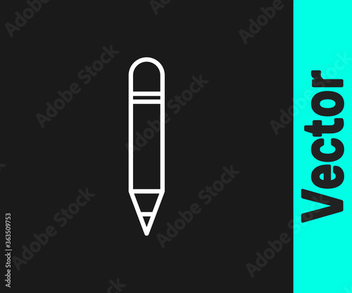 White line Pencil with eraser icon isolated on black background. Drawing and educational tools. School office symbol. Vector Illustration.