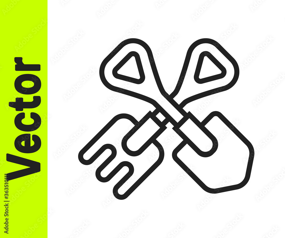 Black line Shovel and rake icon isolated on white background. Tool for horticulture, agriculture, gardening, farming. Ground cultivator. Vector Illustration. Black line Shovel and rake icon isolated on white background. Tool for horticulture, agriculture, gardening, farming. Ground cultivator. Vector Illustration.