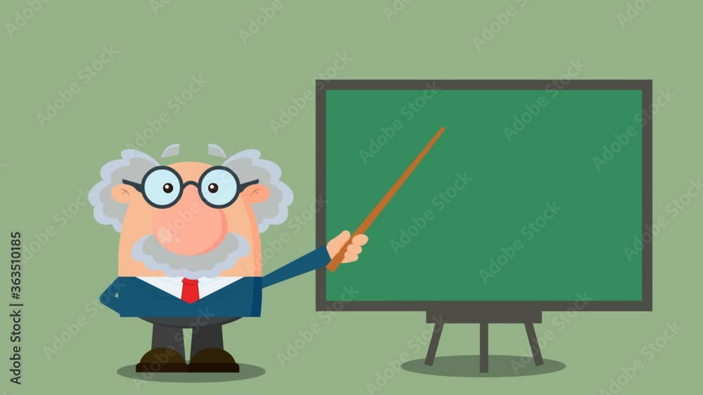 Professor Or Scientist Cartoon Character With Pointer Presenting On A Board. 4K Animation Video Motion Graphics With Background