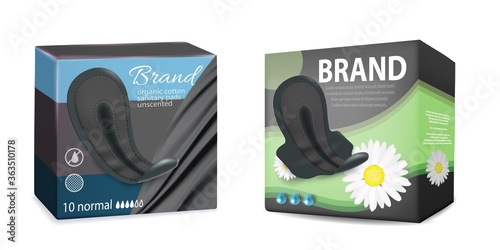 Black sanitary napkins packaging box mockup set, vector illustration isolated on white background. Realistic feminine hygiene pads sanitary towels pack templates. Comfort and protection for women.