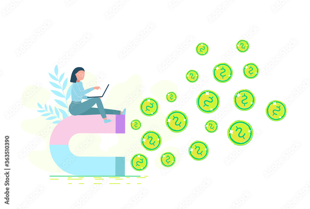 Businesswoman sitting on a big magnet and attracting money. Investment attraction vector illustration. Freelancer working on laptop and earning money