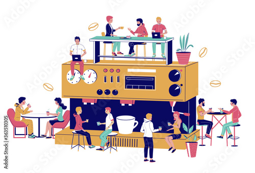 Huge coffee machine, tiny male and female chracters drinking coffee, vector flat illustration. Happy people meeting, talking to each other, working on laptop computer in coffee house, coffeeshop.