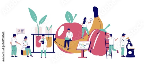Food additives research, vector flat illustration. Scientists working in biotechnology lab. Food additives study. Genetic engineering. Genetically modified foods, gene technology.