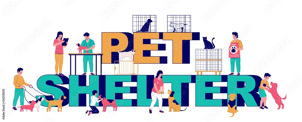 Pet shelter typography banner template, vector flat illustration. Animal shelter workers, volunteers walking and feeding dogs, people adopting pets. Veterinary care.