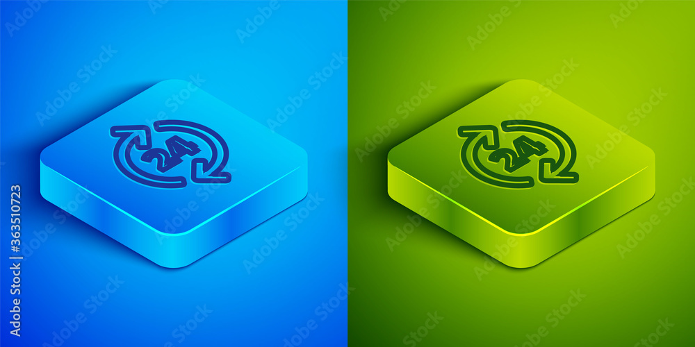 Isometric line Telephone 24 hours support icon isolated on blue and green background. All-day customer support call-center. Full time call services. Square button. Vector Illustration. Isometric line Telephone 24 hours support icon isolated on blue and green background. All-day customer support call-center. Full time call services. Square button. Vector Illustration.