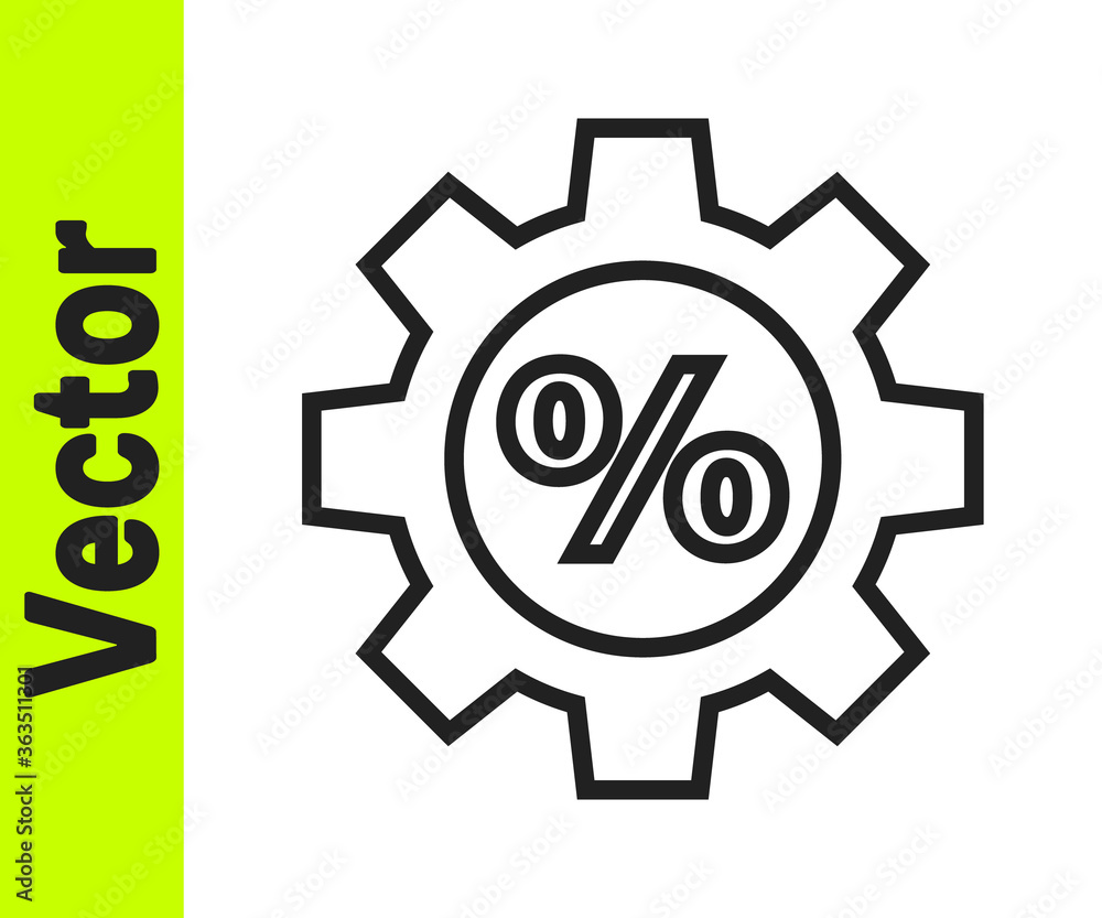 Black line Gear with percent icon isolated on white background. Vector Illustration.