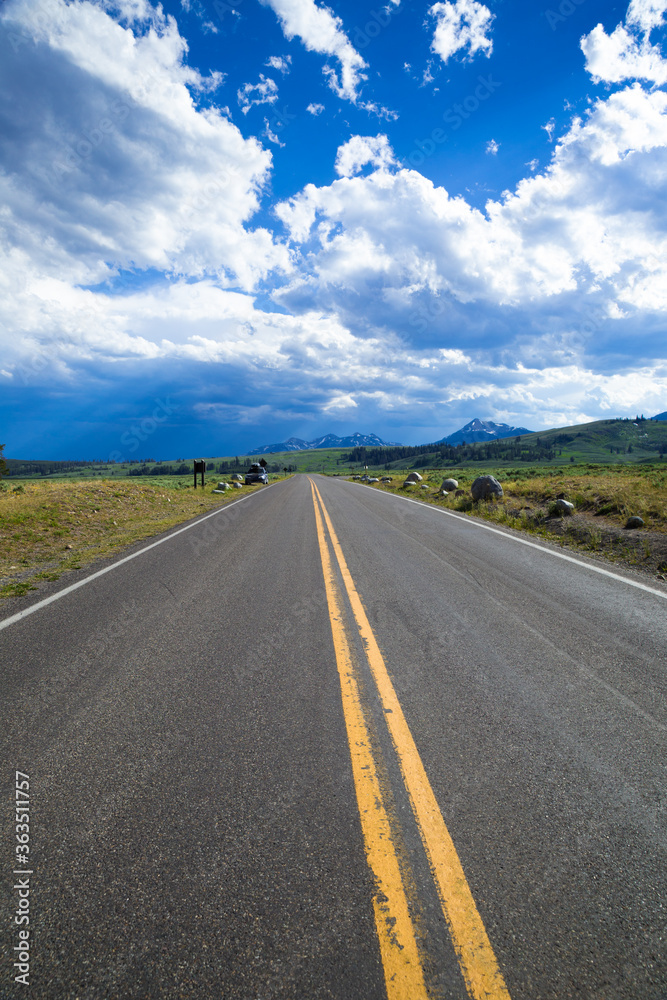 Straight road under cloudy sky in Yellowstone