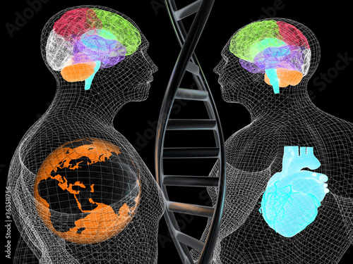3D medical background with DNA strands and wire human body model with heart and brain in x-ray. Global medical concept with Earth. 3d render. On a black background.