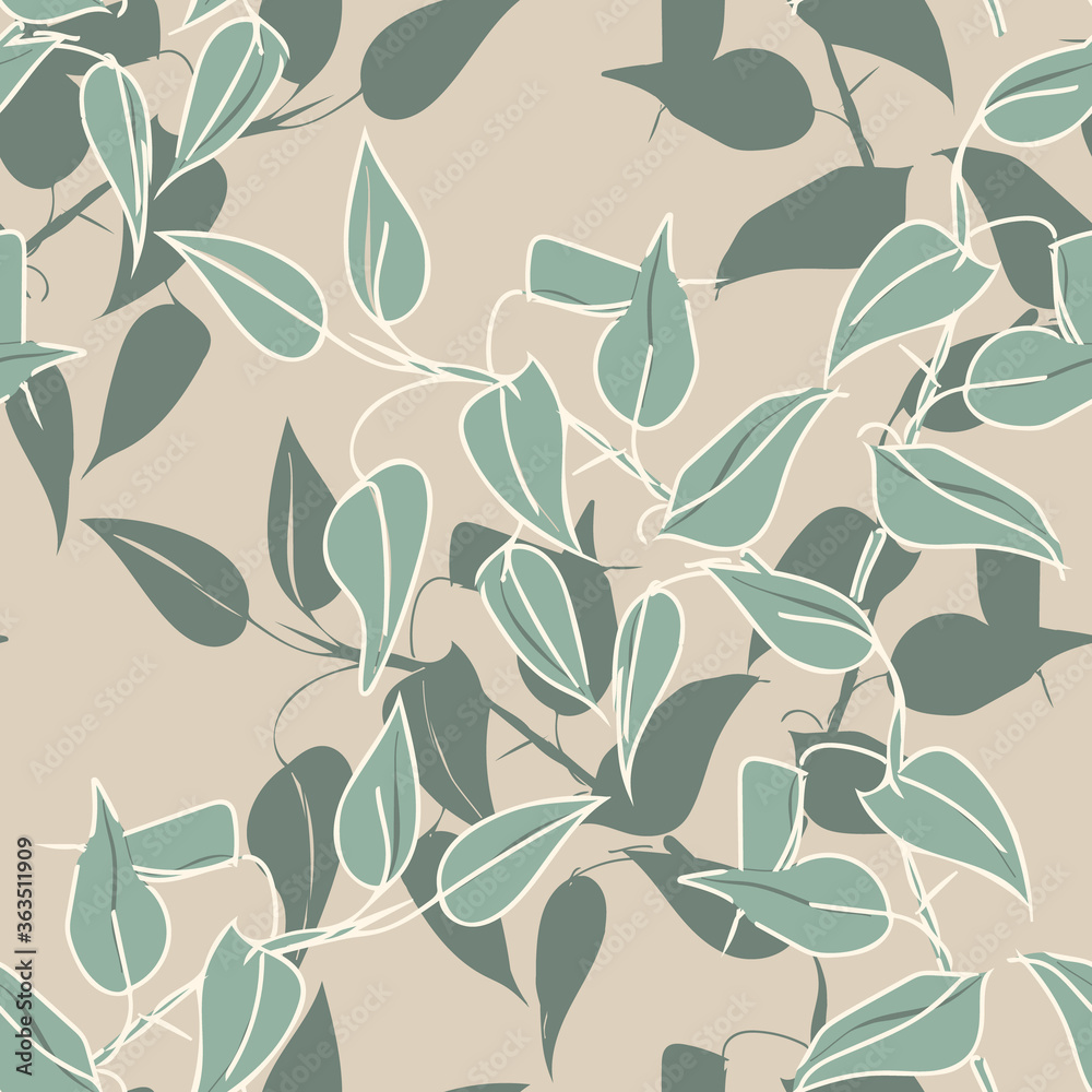 Fototapeta Sketched Leaves Seamless Pattern. Hand Drawn Floral Background.