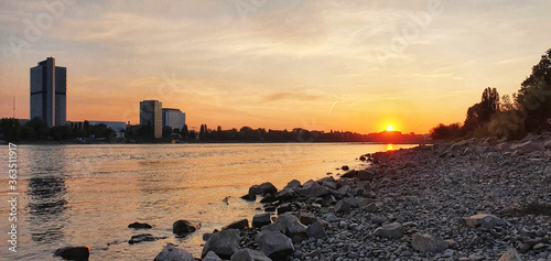 Bonn Germany April 2020 golden sunset, river and skyline