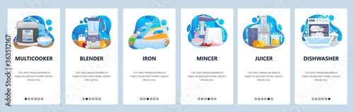 Home appliances kitchen electronics. Mobile app onboarding screens, vector website banner template