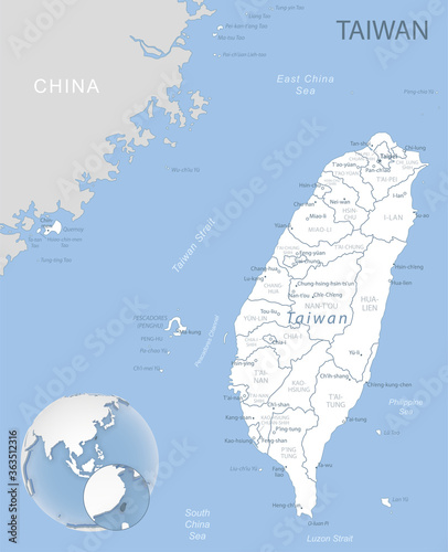 Blue-gray detailed map of Taiwan administrative divisions and location on the globe. Vector illustration