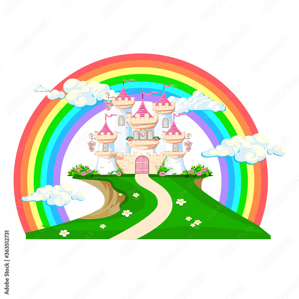The magical castle of a beautiful princess in the clouds. Beautiful fairytale castle illustration. Vector illustration.
