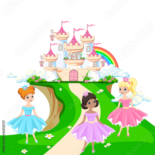The magical castle of a beautiful princess in the clouds. Beautiful fairytale castle illustration. Vector illustration.