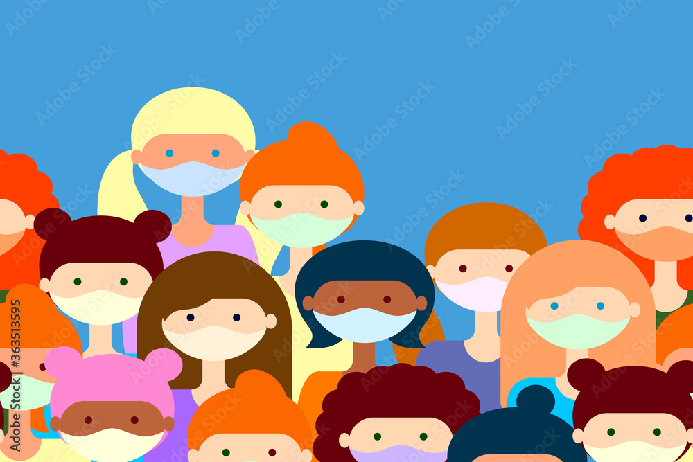 Group of people in medical face masks. Concept of coronavirus quarantine vector illustration in a flat style. Wearing medical masks to prevent disease, flu, air pollution. Seamless horizontal pattern. Group of people in medical face masks. Concept of coronavirus quarantine vector illustration in a flat style. Wearing medical masks to prevent disease, flu, air pollution. Seamless horizontal pattern.