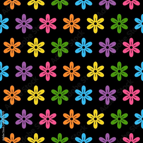 Set of flat icon flower icons in silhouette isolated on black background. Cute retro design in bright colors for stickers, labels, tags, gift wrapping paper. seamless pattern decoration