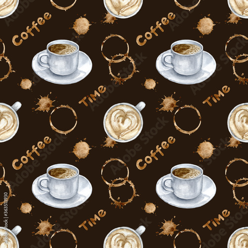 Watercolor coffee mug seamless pattern with circles on brown background. Coffee splash, coffee foam. Coffee time wallpaper
