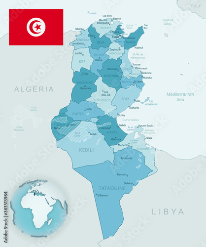 Blue-green detailed map of Tunisia administrative divisions with country flag and location on the globe. Vector illustration