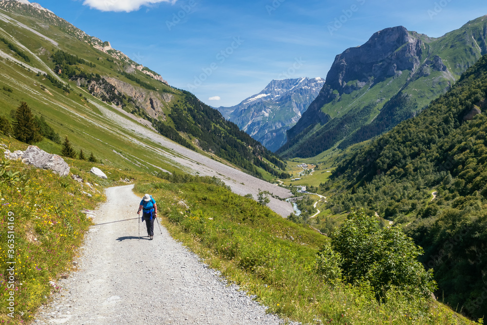 Hikking the GR5 at Pralognan-la-Vanoise, Savoie in France. This trail is famous for its route through the French Alps from Lake Geneva to Nice called Grande Traversée des Alpes