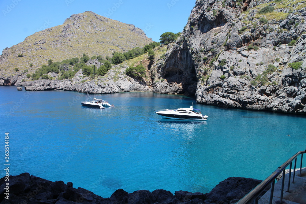 Yachts in Gulf of Port de Sa Calobra, Mallorca, Spain Yachts in Gulf of Port de Sa Calobra, Mallorca, Spain