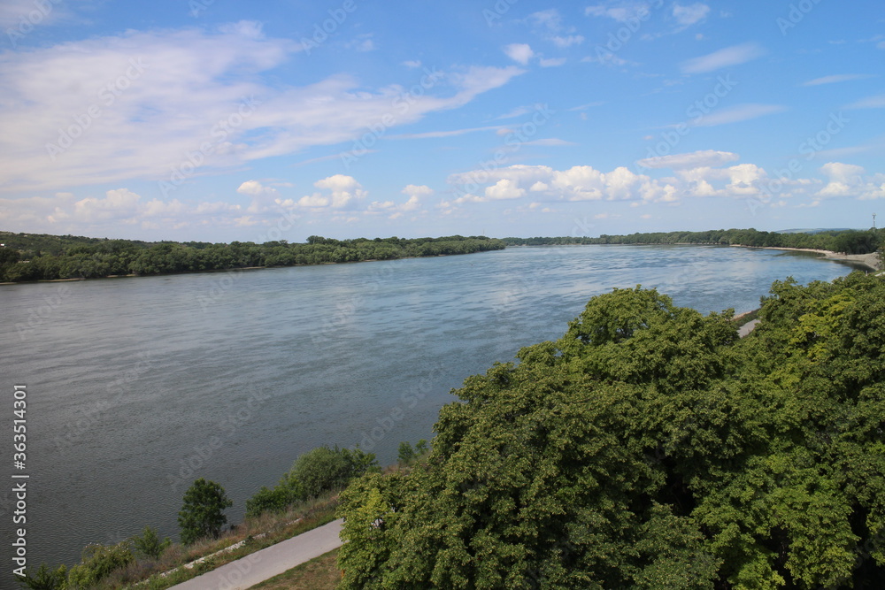 Embankment of Danube great river from observation tower in Kravany nad Dunajom, Slovakia