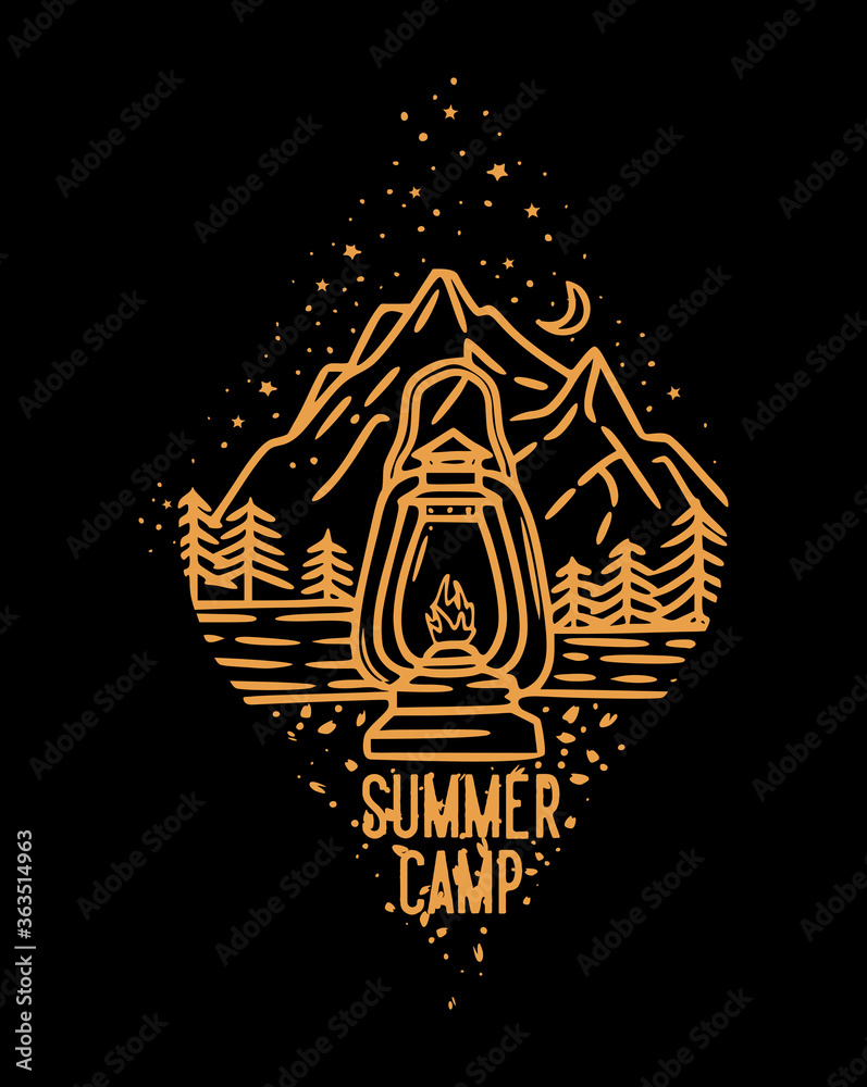 Obraz premium summer camp at night in the mountains with classic lit lanterns vintage illustration
