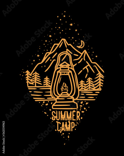 Fototapeta Naklejka Na Ścianę i Meble -  summer camp at night in the mountains with classic lit lanterns vintage illustration