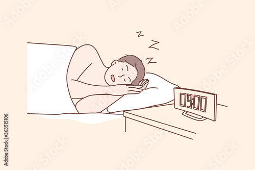 Morning, sleep, health, care, dream, relaxation concept. Young man or guy cartoon character lying sleeping in morning at home bed after long work. Taking nap for healthy rest lifestyle illustration.