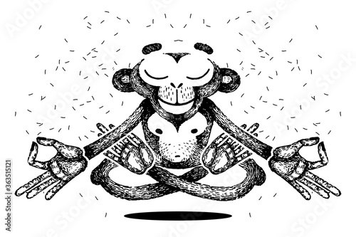 Monkey is meditating. monkey levitates. Monkey sits in a lotus position, meditation and remains calm. Hand made illustration. Template for tattoo.