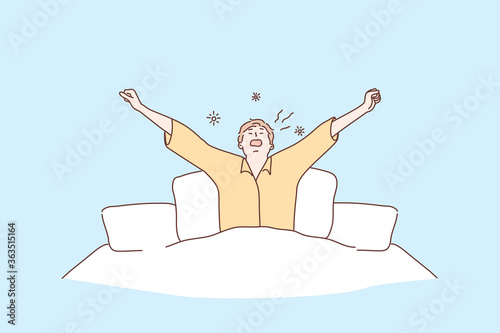 Morning, health, care, awakening, relaxation concept. Young man or guy cartoon character awaking in morning at home bed after long deep sleep. New day beginning and healthy rest lifestyle illustration