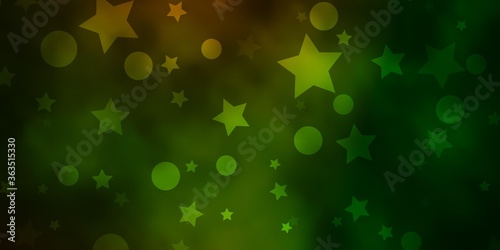 Dark Green, Yellow vector background with circles, stars. Abstract illustration with colorful spots, stars. Pattern for trendy fabric, wallpapers.