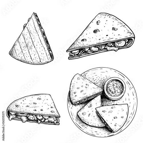 Hand drawn sketch style quesadillas set. Traditional mexican fast food. Single, group and top view on plate with sauce. Vector illustrations. photo