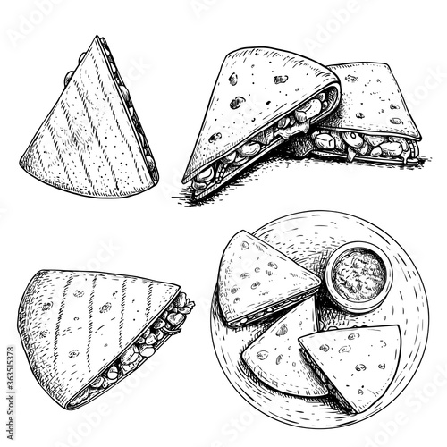 Hand drawn sketch style quesadillas set. Traditional mexican fast food. Single, group and top view on plate with sauce. Vector illustrations.