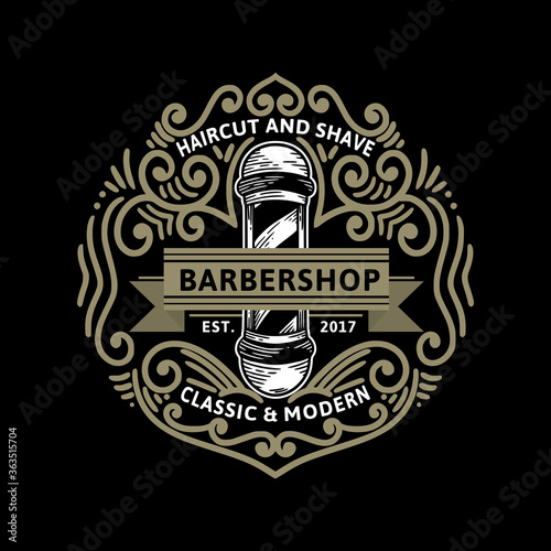 Haircut and shave barbershop classic ornamental vintage logo and illustration