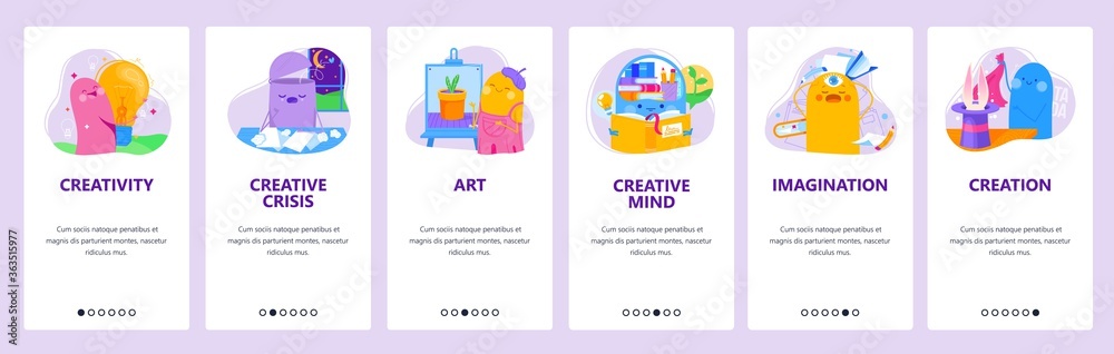 Creativity, imagination, artwork creation. Mobile app onboarding screens, vector website banner template