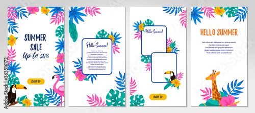 Set of social media stories templates with hand drawn elements. Vertical summer design for letters, invitation, messages, social media, cards. Vector illustration. Space for text
