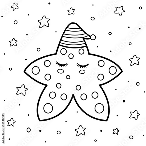 Coloring page with a cute sleeping star. Good night coloring book