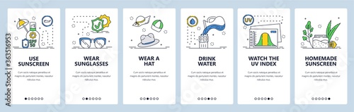 Healthy sunbathing tips. Mobile app onboarding screens, vector website banner template