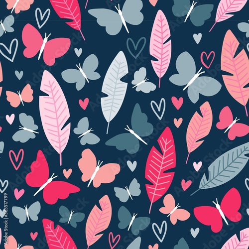 Colorful banana foliage and butterfly isolated vector objects styled as botany seamless pattern with navy background and cute insects with girly blush pink and greyish blue wings to print on bedding t