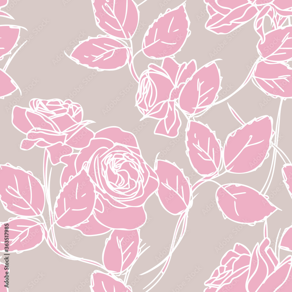 Roses Seamless Pattern. Hand Drawn Floral Background.