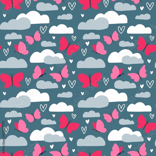 Butterfly vector seamless pattern with heart filling. Cute pink insects flying in the sky vector repeat design inspired by nature and spring cloudy weather to print on a baby or toddler girl umbrella,
