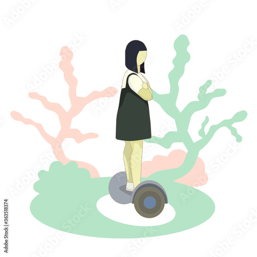 A girl on gyroscooter, spring trees on white isolated background, vector illustration for Modern Device, Walking and Hobby topics to make prints, emblems or using for collages or decor of websites.