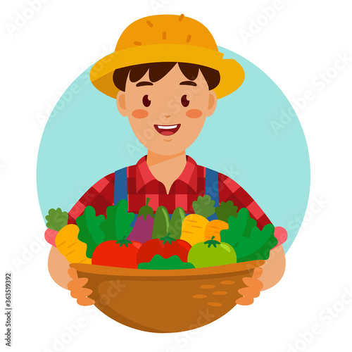 Cartoon of Happy Farmer Boy Holding Basket Full of Vegetables - Vector Isolated Illustration
