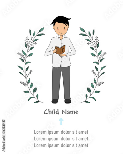 Invitation my first communion. Boy reading the bible. Isolated vector
