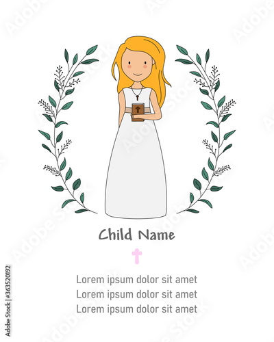 Invitation my first communion. Little girl with a bible. Isolated vector