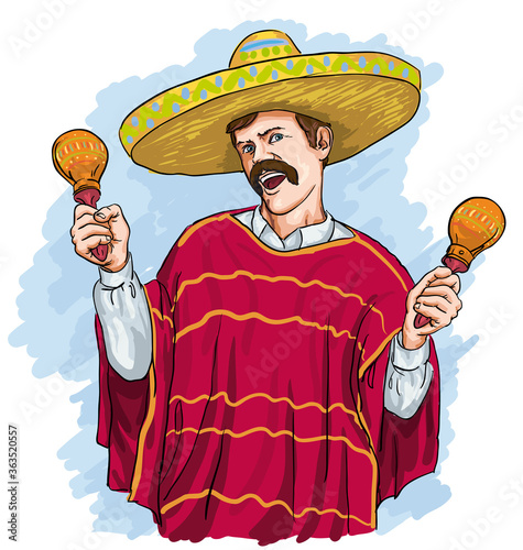 Mexican man in poncho and sombrero holding maracas