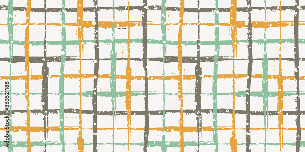 Fototapeta premium Retro color grunge line vector seamless grid border with flecked snowflake texture. Hand drawn brush stroke style linear plaid banner. Abstract irregular geometric mesh design with weave effect