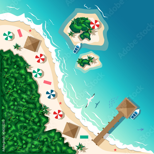 Aerial view of a tropical beach and islands. Summer travel. Vector illustration.