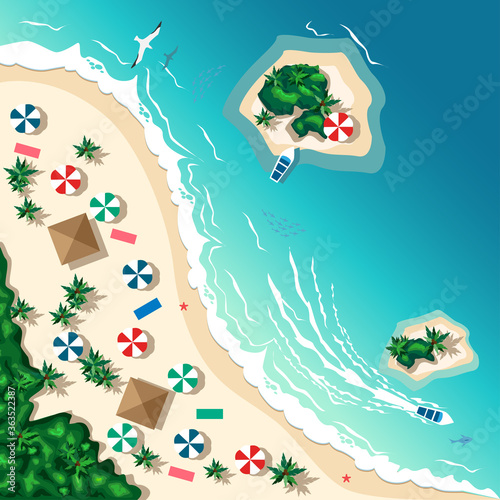 Aerial view of a tropical beach and islands. Summer travel. Vector illustration.